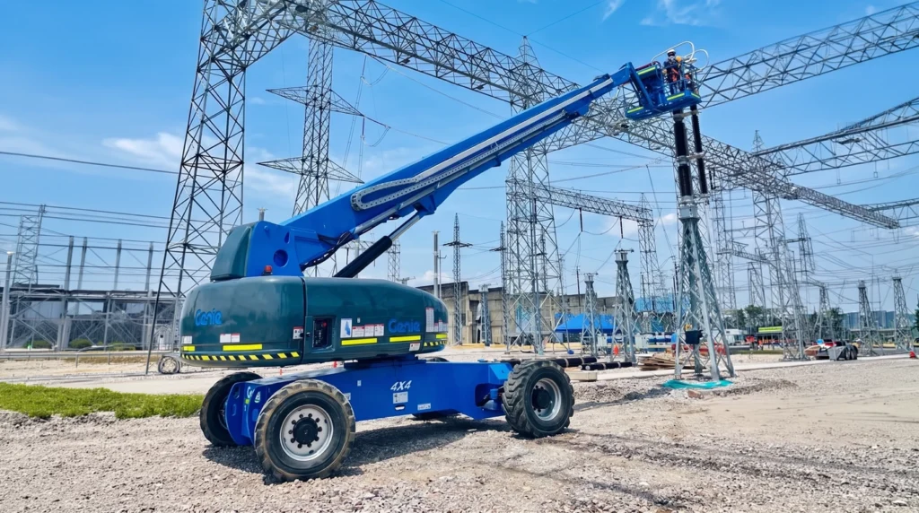 Manlift telescópico 4x4 trabajando en una subestación eléctrica
